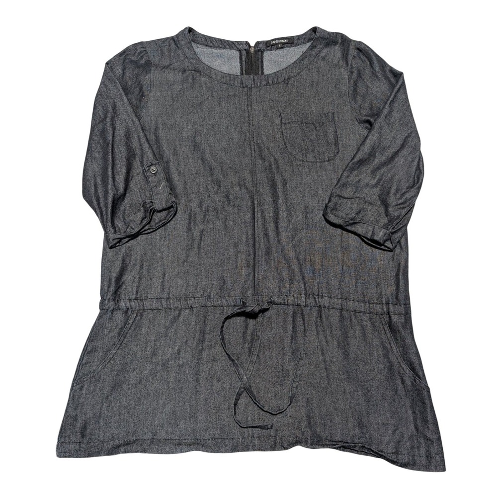 Paper Moon Tunic Women L Gray Chambray Drawstring Waist 3/4 Sleeve Pocket Casual